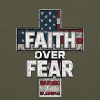 Cross-shaped design with 'Faith Over Fear' text on a military green background