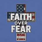 Cross-shaped design with 'Faith Over Fear' text on a Heather True Royal-background