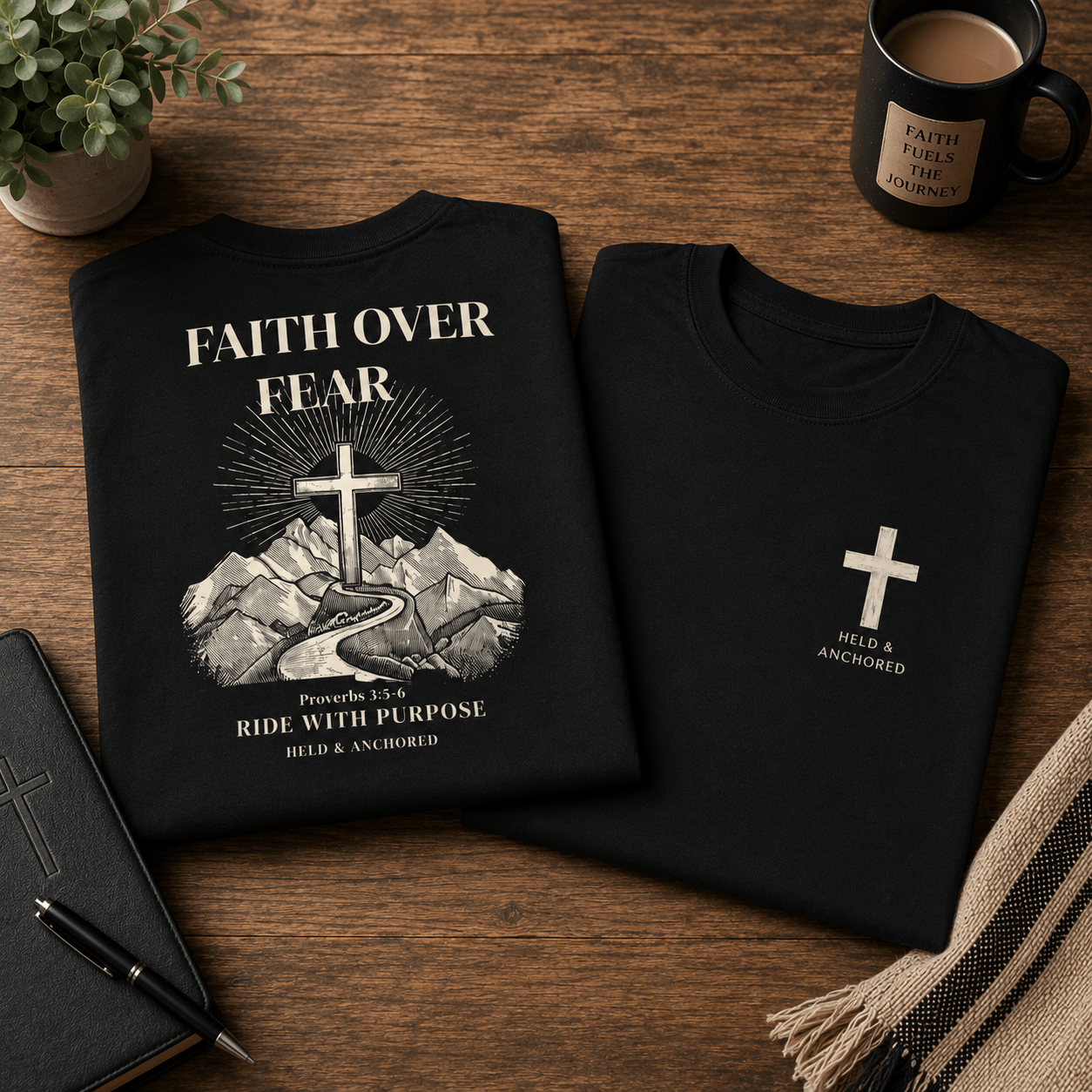 Folded Faith Over Fear Rider Tee showing front cross logo and mountain back print styled in a rugged faith-inspired flatlay setting.