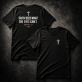 Premium front and back mockup of black Christian T-shirt featuring minimalist cross chest print and “Faith Sees What the Eyes Can’t” Hebrews 11:1 back graphic with dramatic textured studio background.