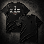 Premium front and back mockup of black Christian T-shirt featuring minimalist cross chest print and “Faith Sees What the Eyes Can’t” Hebrews 11:1 back graphic with dramatic textured studio background.