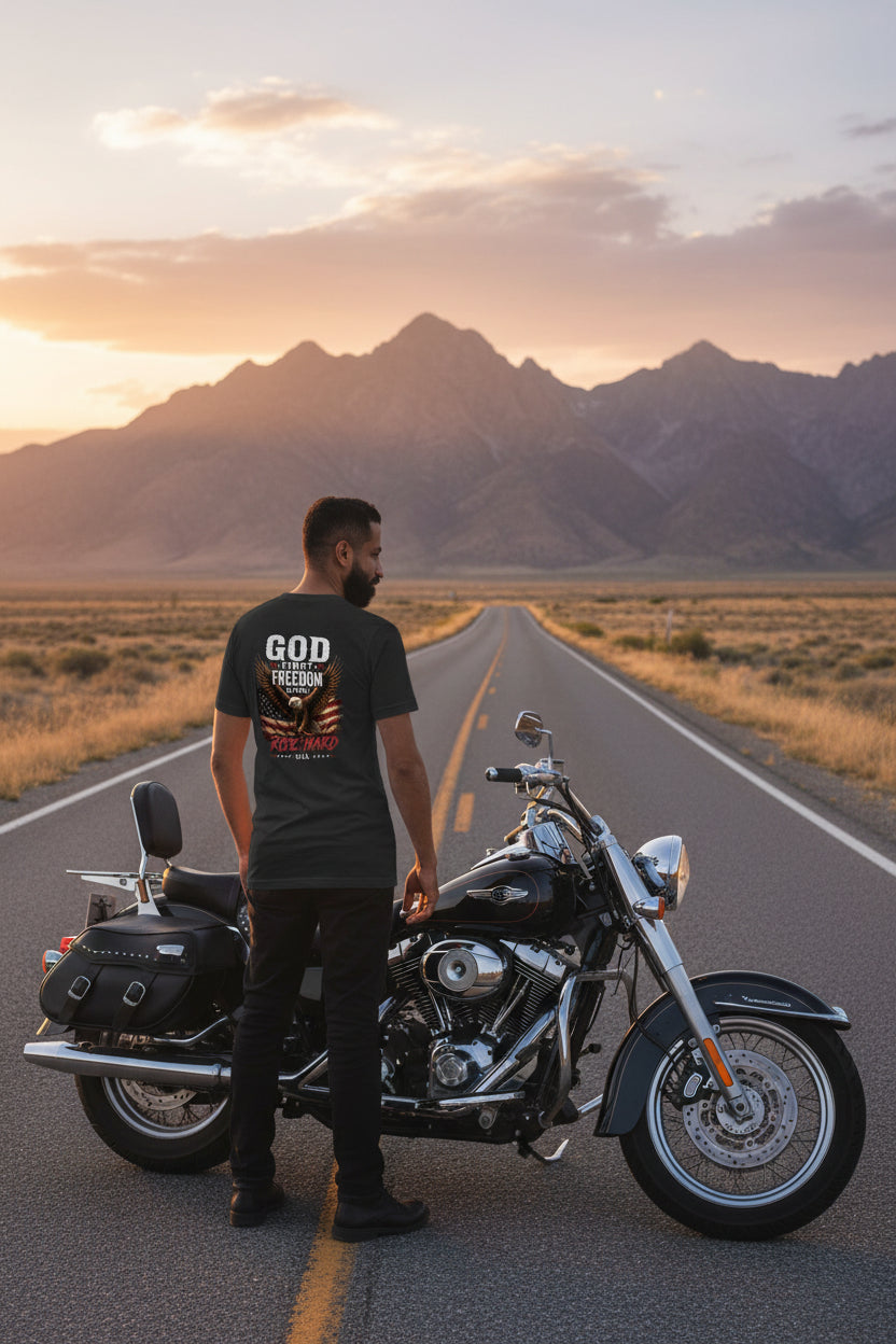 Man standing next to a motorcycle on a road with mountains in the background