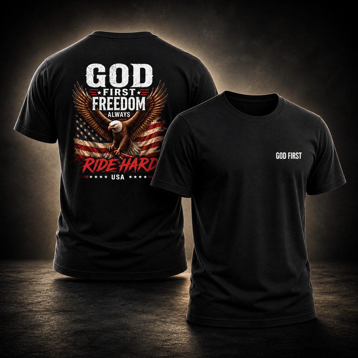Black t-shirt with 'God First Freedom Always Ride Hard USA' design on a dark background