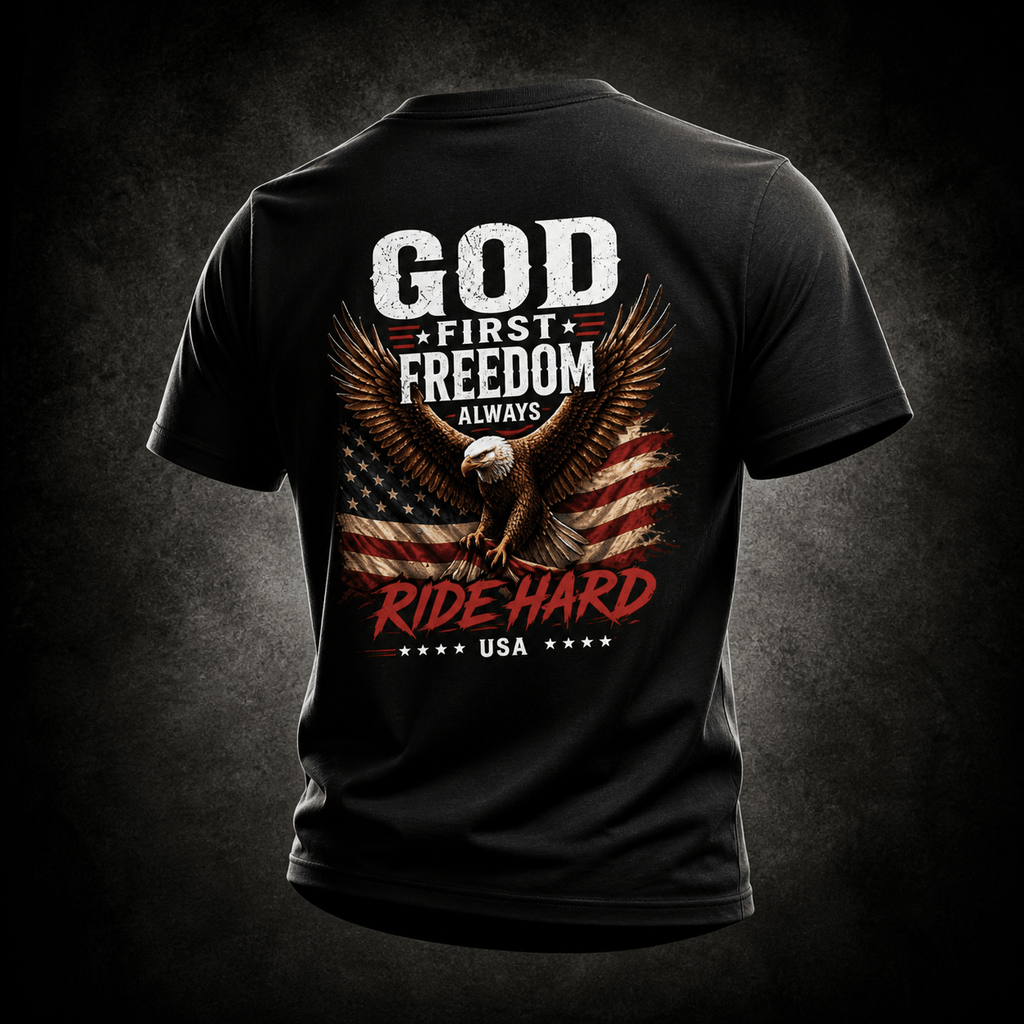 Black t-shirt with an eagle and American flag design on a dark background