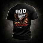 Black t-shirt with an eagle and American flag design on a dark background