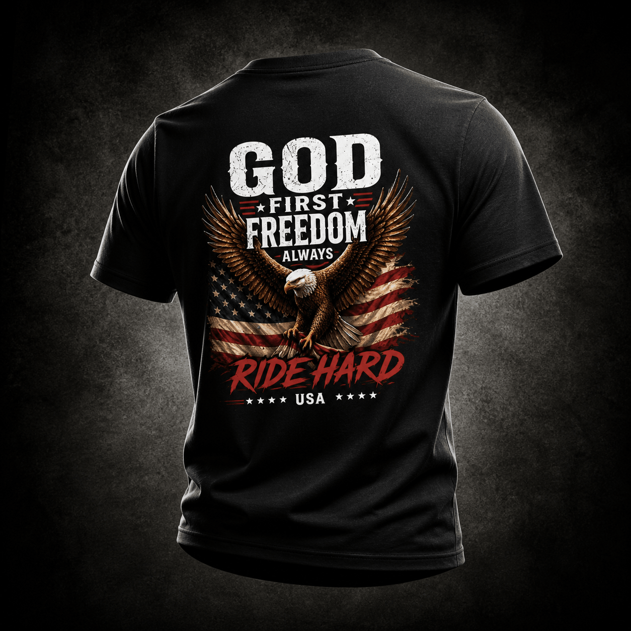 Black t-shirt with an eagle and American flag design on a dark background