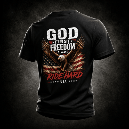 Black t-shirt with an eagle and American flag design on a dark background
