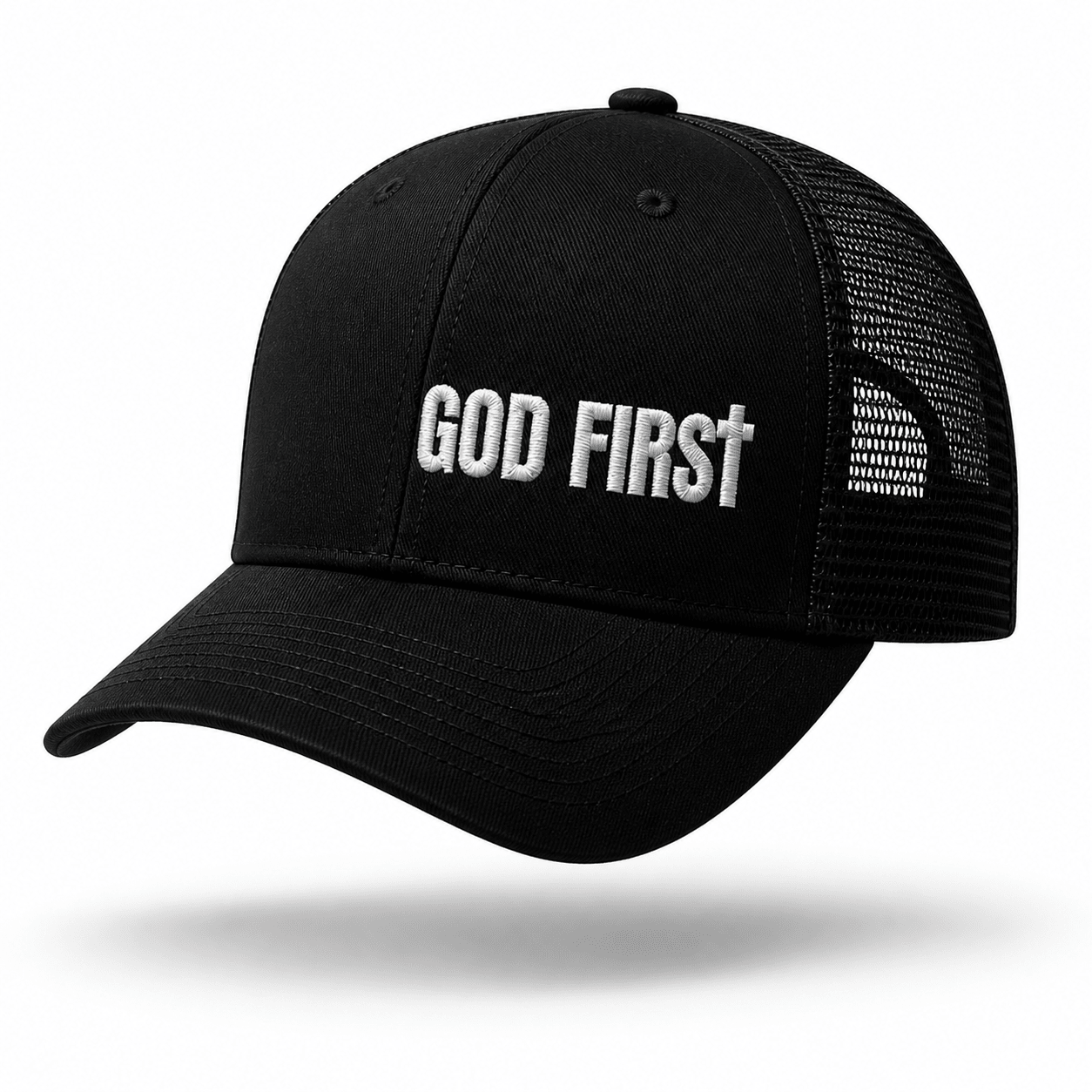 God First Trucker Hat – Christian Embroidered Cap | Faith & Freedom Hat faith - based apparel - Held & Anchored