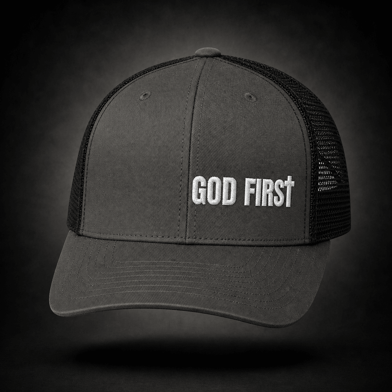 God First Trucker Hat – Christian Embroidered Cap | Faith & Freedom Hat faith - based apparel - Held & Anchored
