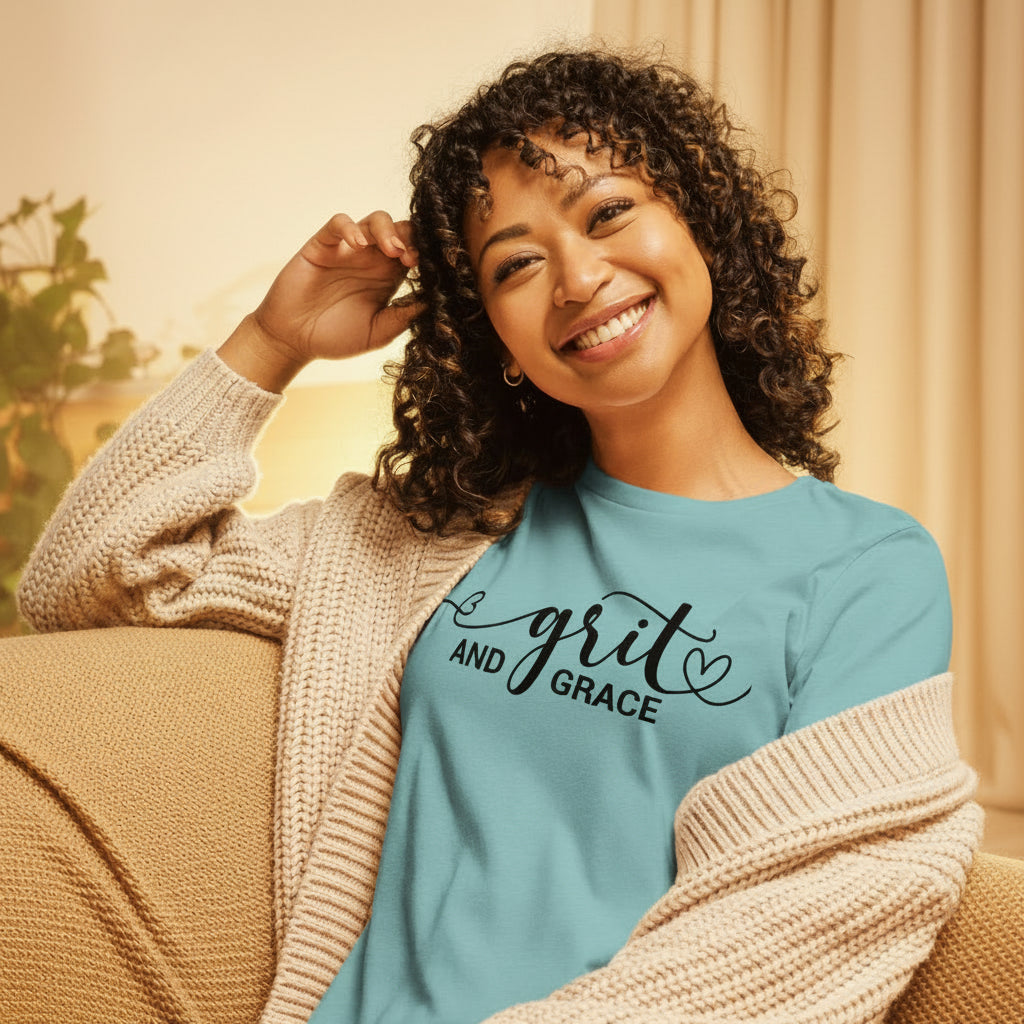 Woman wearing the Grit and Grace faith-inspired t-shirt in a cozy lifestyle setting with soft neutral tones.