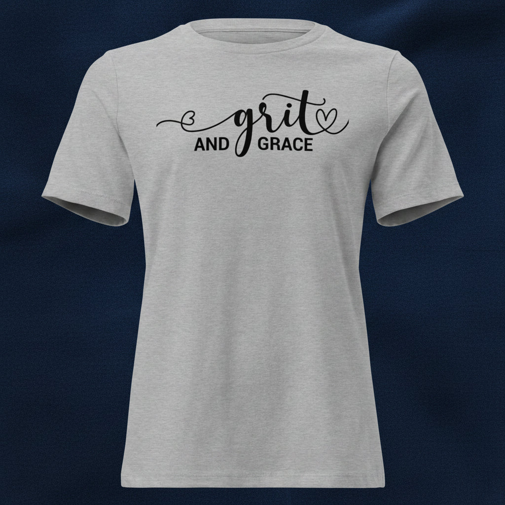 Grit and Grace faith-inspired t-shirt in athletic heather with minimalist typography on a soft premium tee.