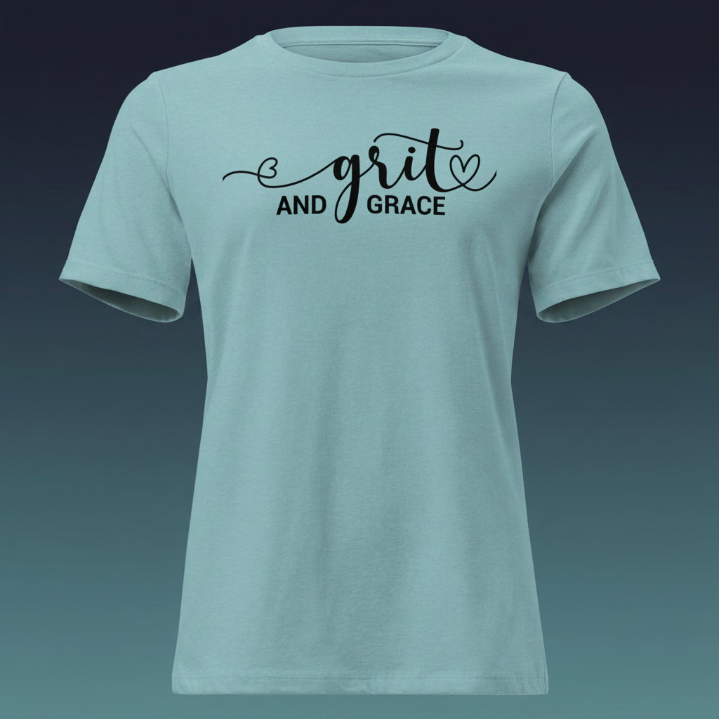 Grit and Grace faith-inspired t-shirt in blue lagoon featuring minimalist typography on a soft premium tee.