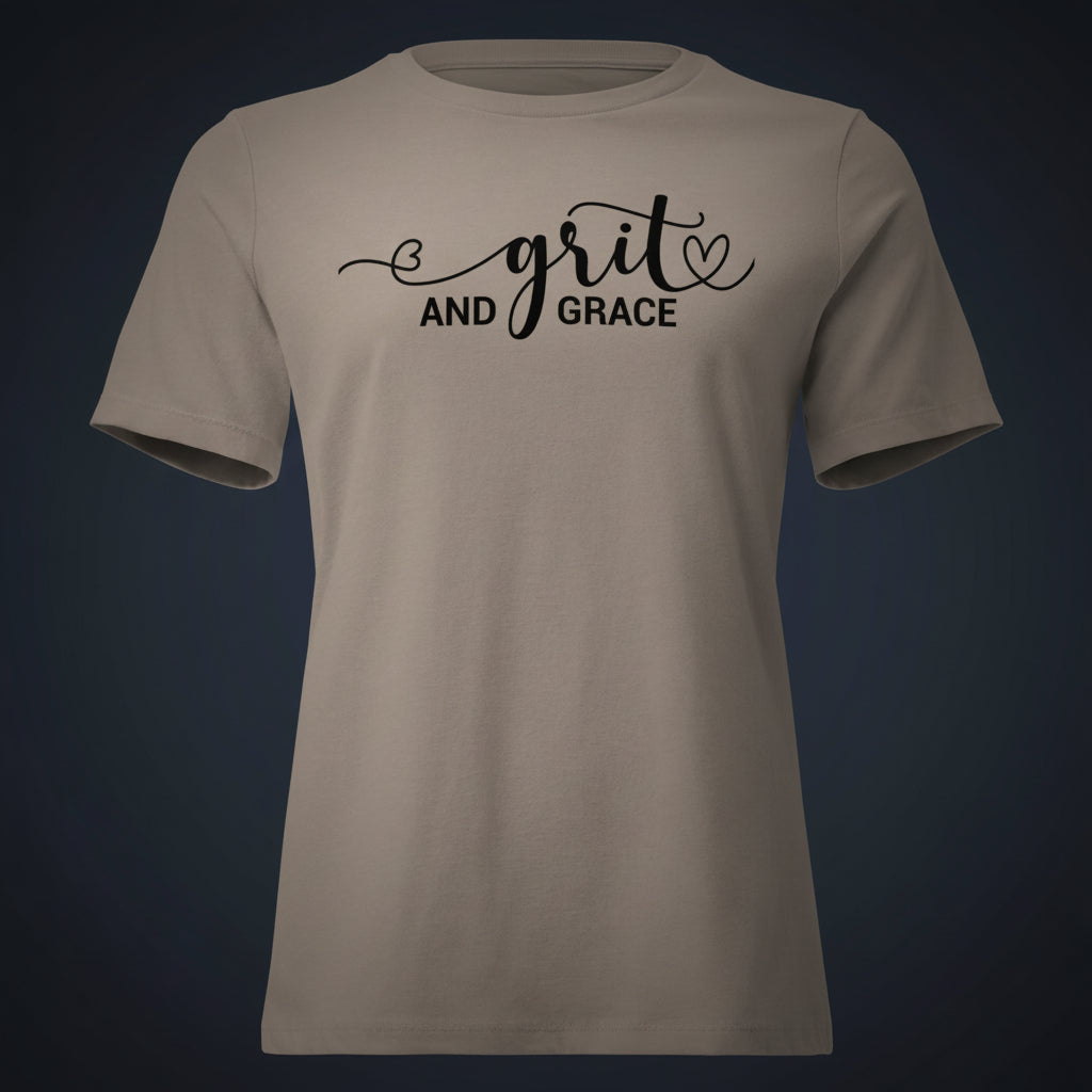 Grit and Grace faith-inspired t-shirt in heather stone with minimalist typography on a soft premium tee.Product mockup