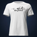 Grit and Grace faith-inspired t-shirt in white with minimalist typography on a soft premium tee.