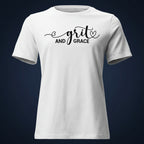 Grit and Grace faith-inspired t-shirt in white with minimalist typography on a soft premium tee.