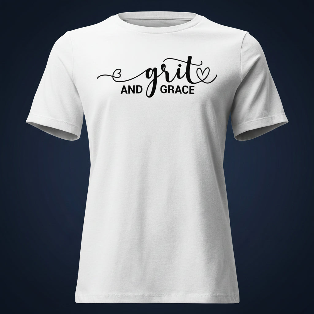 Grit and Grace faith-inspired t-shirt in white with minimalist typography on a soft premium tee.