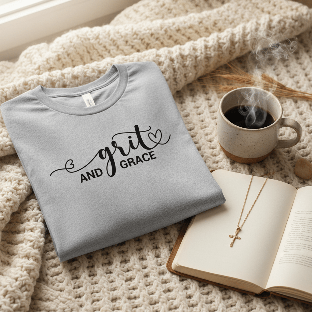 Folded Grit and Grace faith-inspired t-shirt styled with coffee, journal, cross necklace, and cozy knit blanket.