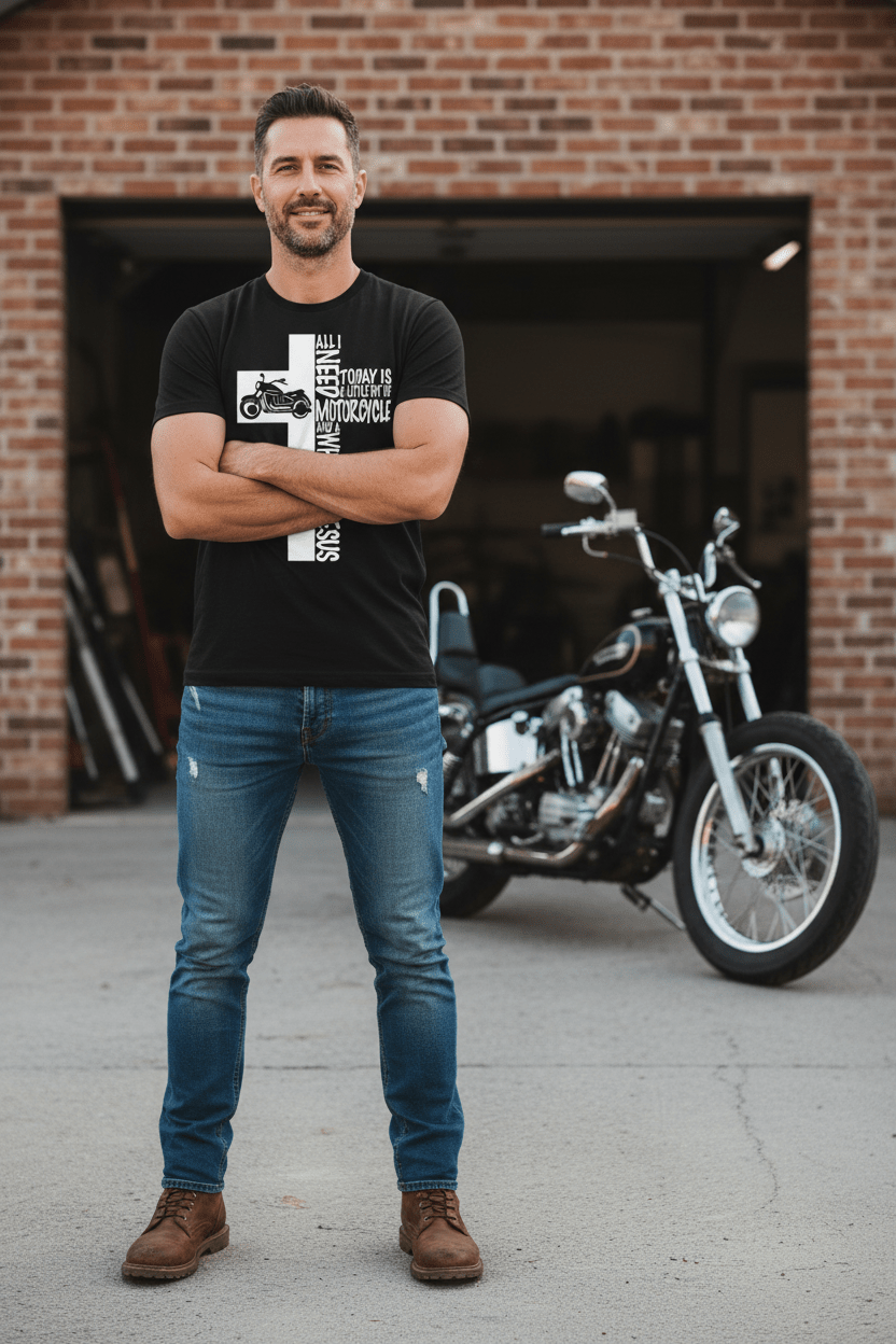 Jesus & Motorcycles Cross Tee – Faith Meets the Open Road faith - based apparel - Held & Anchored