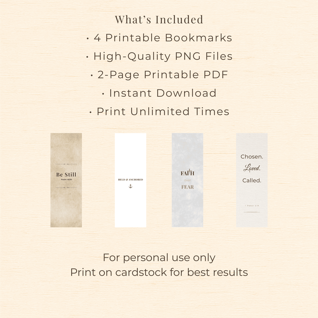 Printable Bookmark Bundle – Set of 4 Inspirational Bookmarks | Instant Download faith - based apparel - Held & Anchored