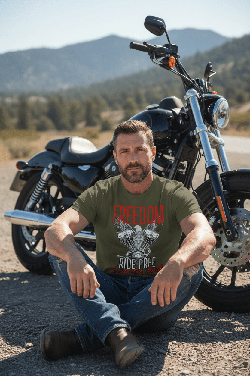Ride Free. Live By Faith. Motorcycle Tee faith - based apparel - Held & Anchored