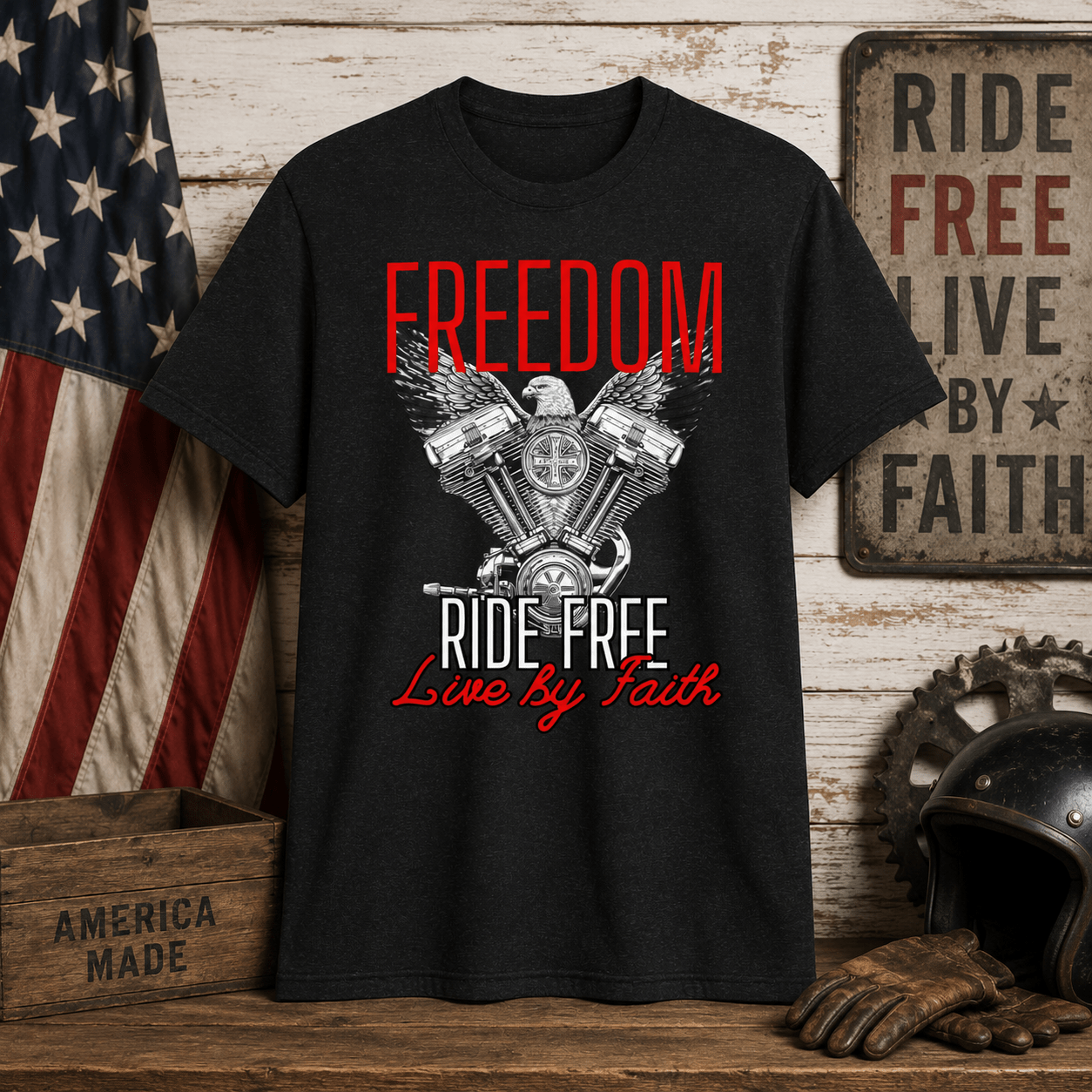 Ride Free. Live By Faith. Motorcycle Tee faith - based apparel - Held & Anchored