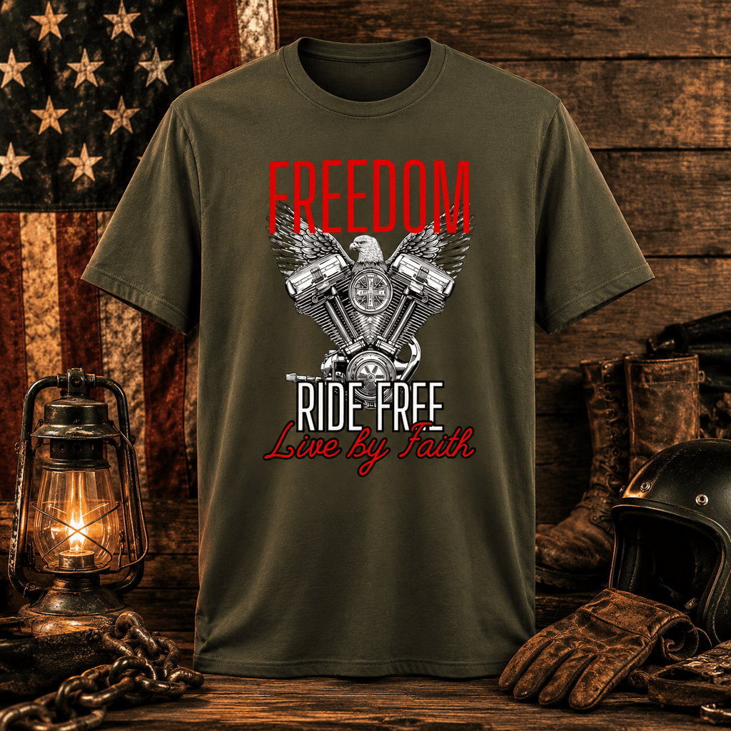 Ride Free. Live By Faith. Motorcycle Tee faith - based apparel - Held & Anchored