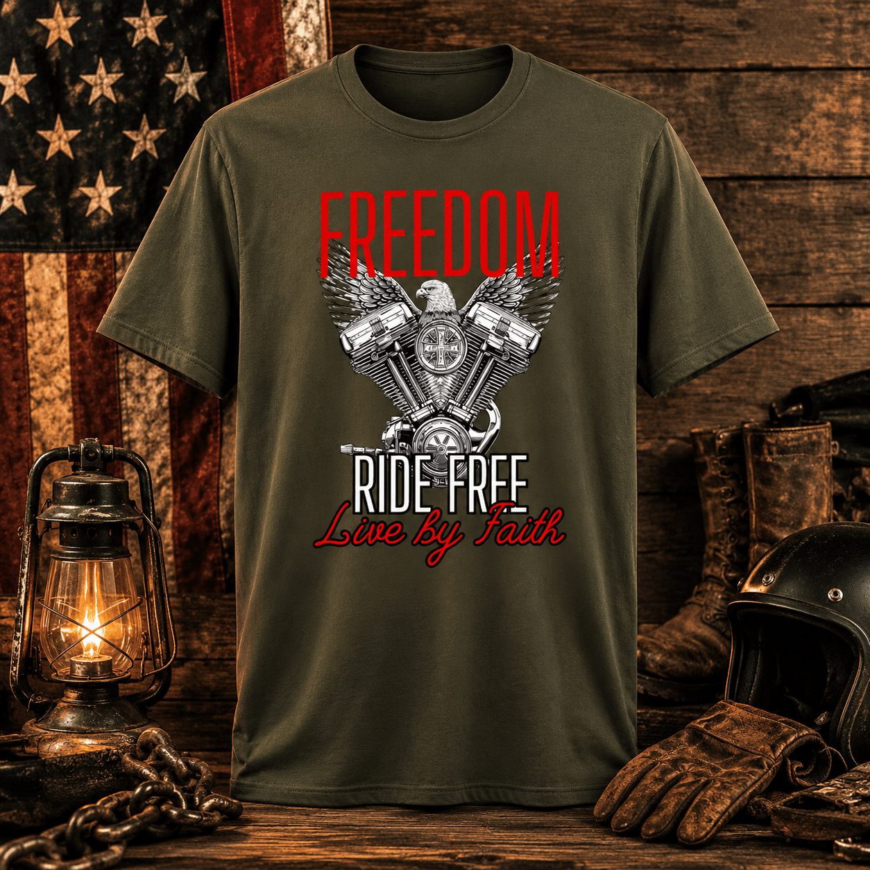 Ride Free. Live By Faith. Motorcycle Tee faith - based apparel - Held & Anchored