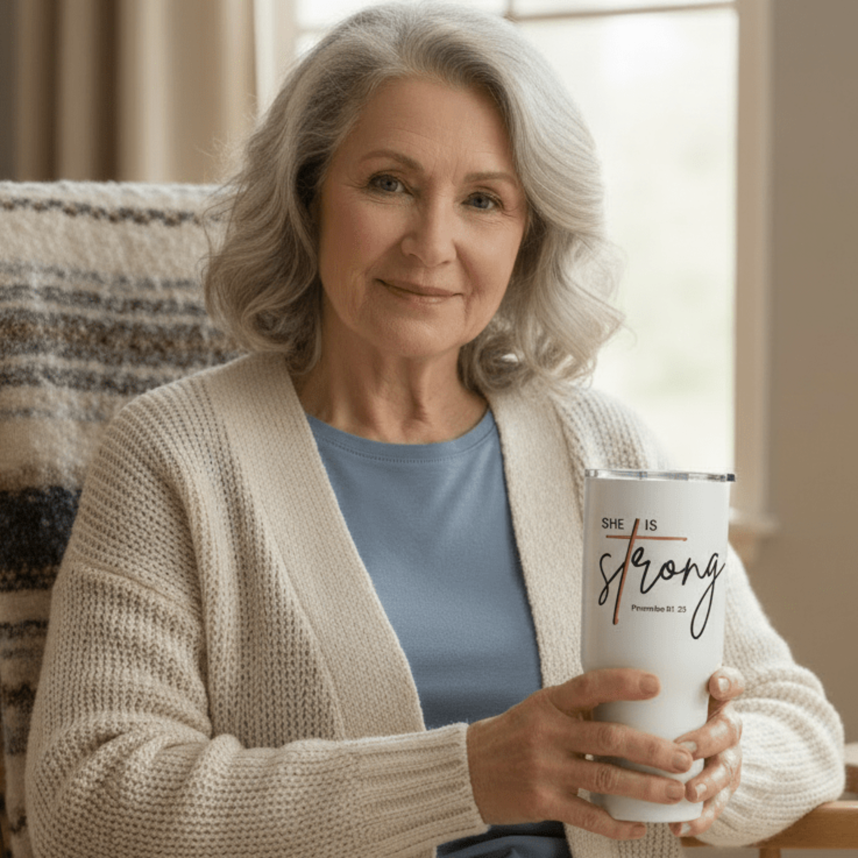 She Is Strong Travel Mug – Faith - Inspired Stainless Steel Tumbler | Held & Anchored faith - based apparel - Held & Anchored