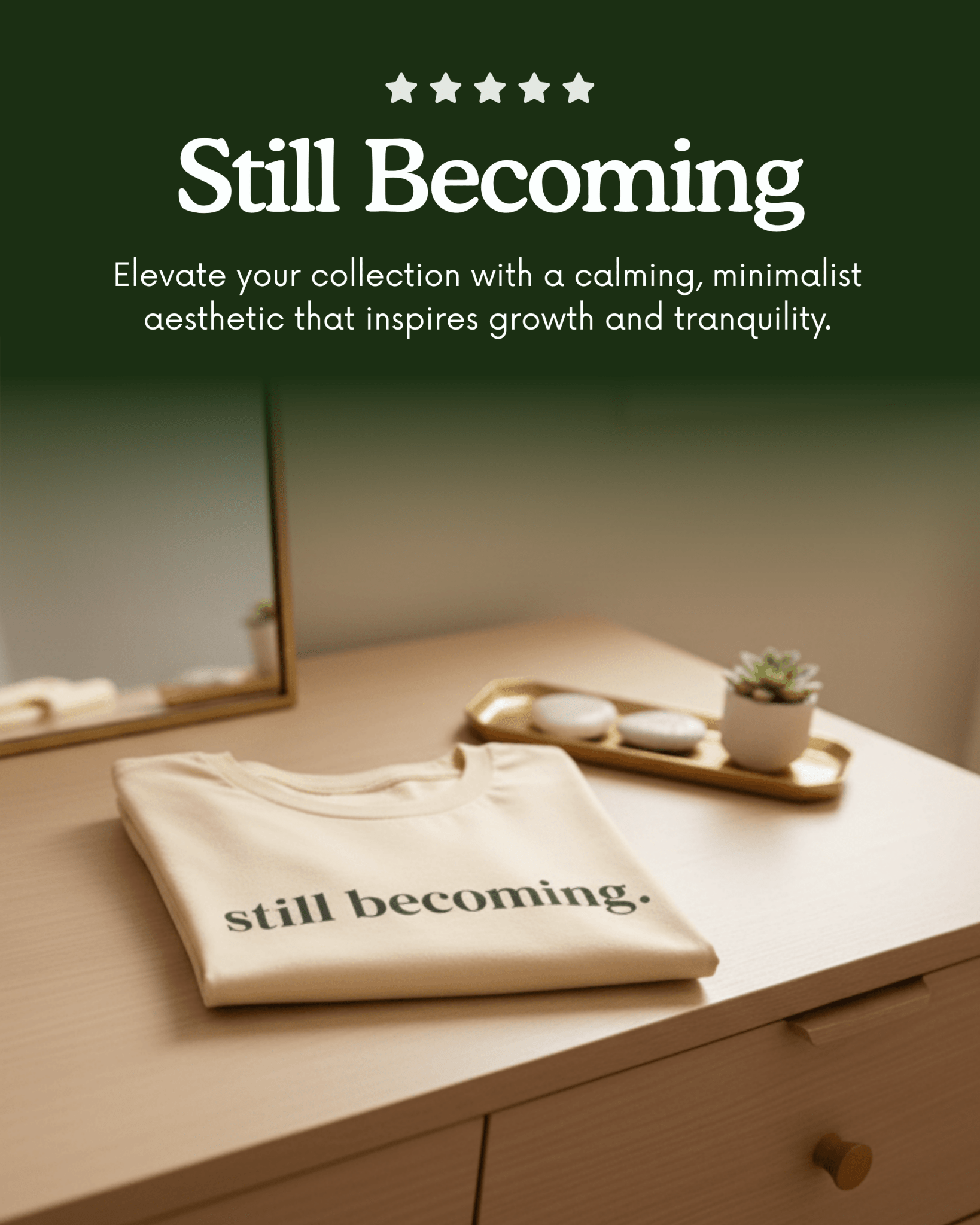 Folded beige blanket with 'still becoming' text on a wooden surface, with a green background and 'Still Becoming' brand name.