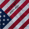 Full view of the Don't Let the Hard Days Win bandana featuring a distressed American flag design with the scripture Take Heart — John 16:33 displayed across the center.