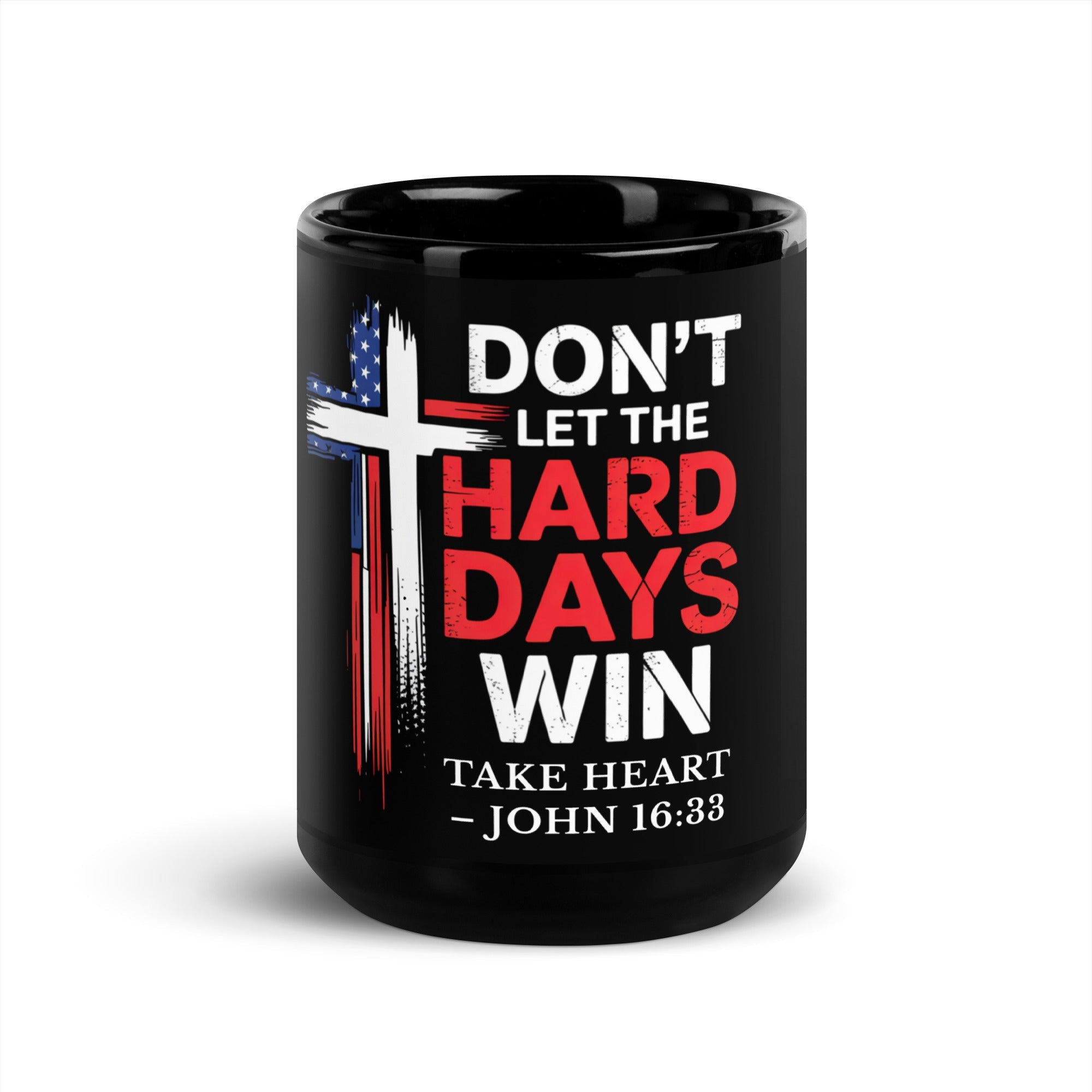 Take Heart mug lifestyle shot on wooden table with Bible and coffee — Christian gift idea