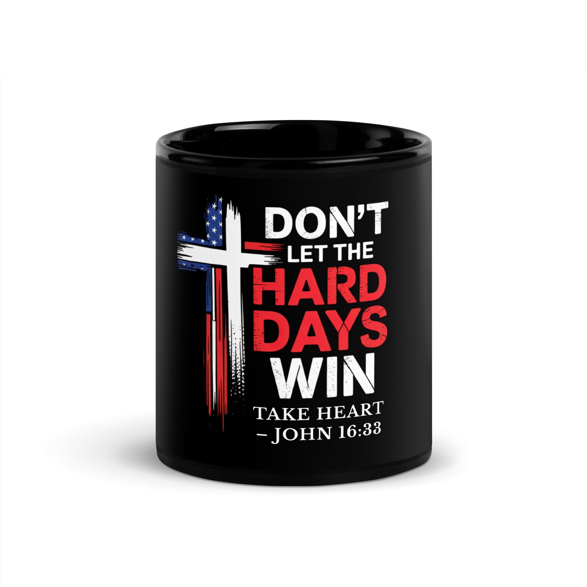 Take Heart coffee mug white glossy 11oz front view showing John 16:33 faith design by Held & Anchored