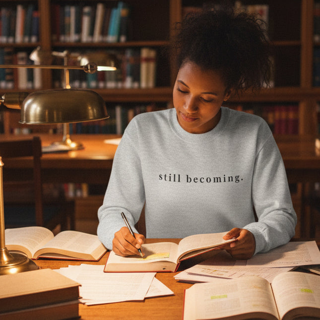 Still Becoming Crewneck Sweatshirt worn by a young woman studying for an exam.  