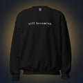 Black sweatshirt with a small logo on the chest against a contrasting background. 