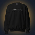 Black sweatshirt with a small logo on the chest against a contrasting background. 