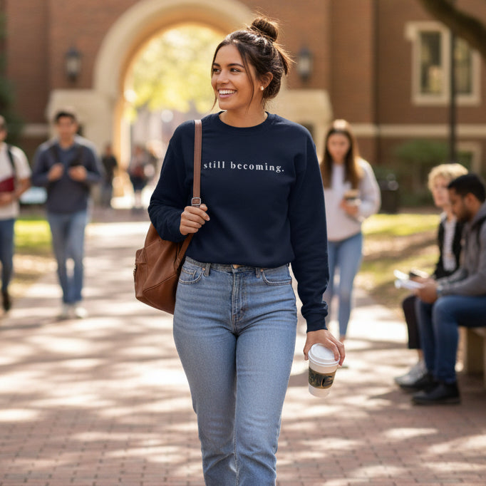 Person wearing a black sweatshirt with a logo on the front that says Still becoming.  Walking through a college campus.  