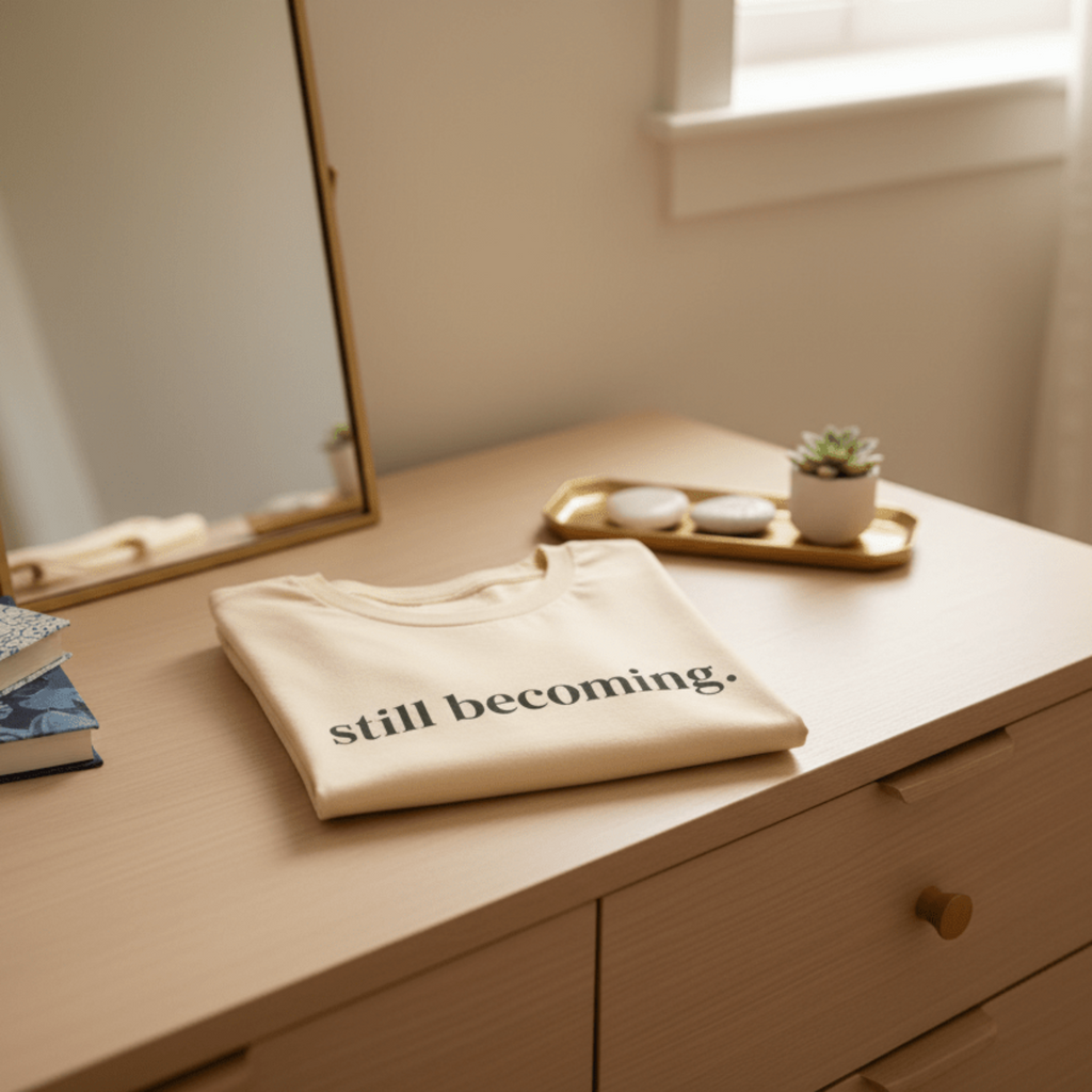 Folded beige sweatshirt with 'still becoming' text on a wooden surface.