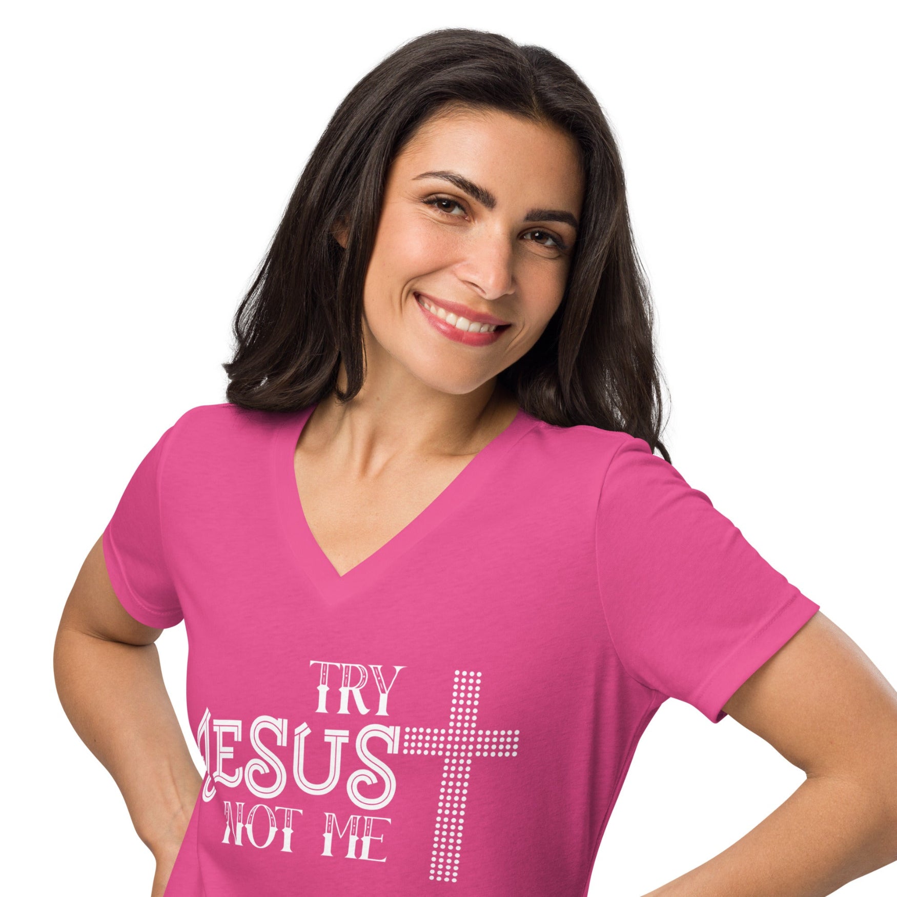 Try Jesus Not Me Christian V - Neck T-Shirt – Faith Humor Tee - Held & Anchored
