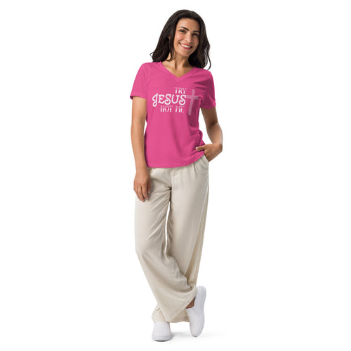Try Jesus Not Me Christian V - Neck T-Shirt – Faith Humor Tee - Held & Anchored
