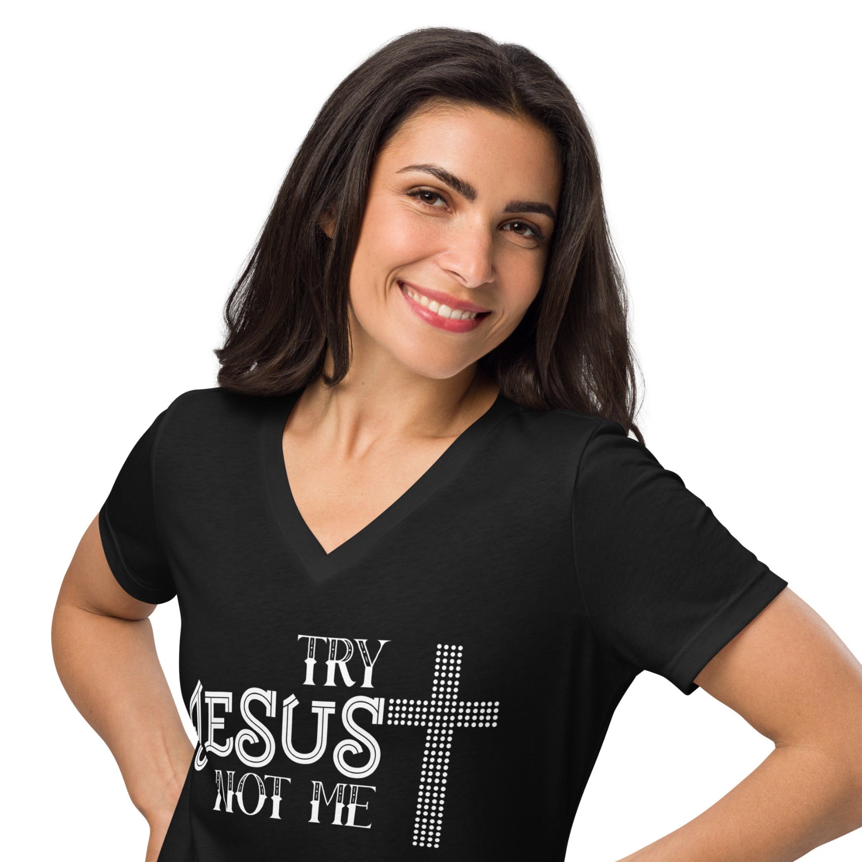 Try Jesus Not Me Christian V - Neck T-Shirt – Faith Humor Tee - Held & Anchored