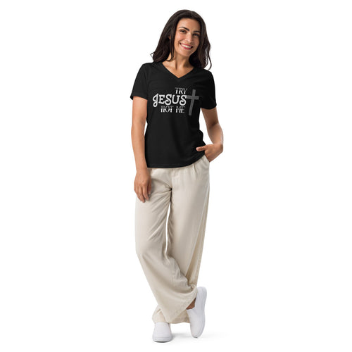 Try Jesus Not Me Christian V - Neck T-Shirt – Faith Humor Tee - Held & Anchored