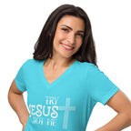 Try Jesus Not Me Christian V - Neck T-Shirt – Faith Humor Tee - Held & Anchored
